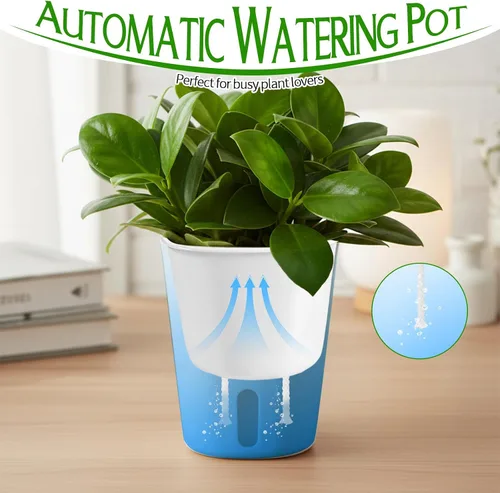 Vista 4 de 10 juegos de macetas de riego automático de 4 pulgadas para plantas de interior, macetas de plástico con riego automático con nivel visual de agua