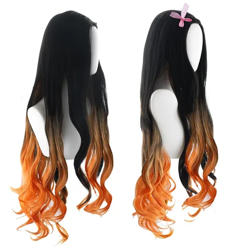 Vista 6 de Kamado Nezuko - Peluca de cosplay de Demon Slayer, fiesta de Halloween, anime Kimetsu sin personaje Yaiba, pelucas onduladas negras y naranjas