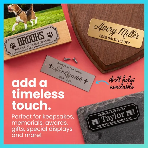 Vista 2 de ExcelMark Placas de nombre personalizadas: 20 iconos, 3 esquinas y 3-4 estilos de borde para elegir, placa de nombre de latón macizo, placa