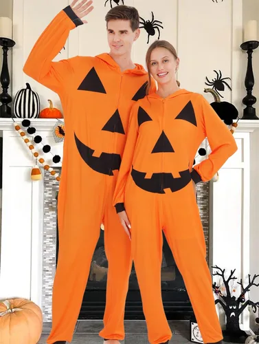 Vista 5 de ANGELGGH Pijama de Halloween a juego para la familia, pijamas de vacaciones para mujereshombresniñosparejas, lindo disfraz de calabaza para descansar