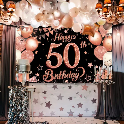 Vista 2 de KatchOn, Cartel de cumpleaños número 50 de oro rosa – Xtragrande de 72 x 44 pulgadas Decoraciones de cumpleaños 50 para mujer Cartel Hbd