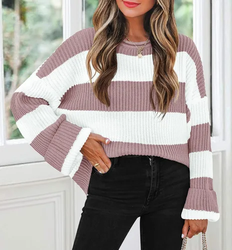 Vista 21 de ZESICA Suéter tejido sin botones de manga larga y cuello redondo, a rayas, bloques de color, cómodo, holgado, talla extragrande para mujer de 2024