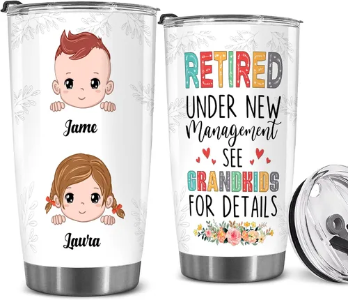 Vista 25 de WHIDOBE Vaso de jubilado personalizado (1 niño) personalizado jubilado bajo nueva administración, mira a los nietos para obtener detalles, vaso