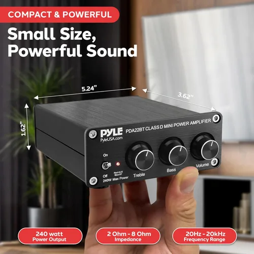 Vista 3 de Pyle Mini amplificador estéreo Bluetooth de 240 W para el hogar, micro receptor compacto de 2 canales con diales de control de graves y agudos Negro