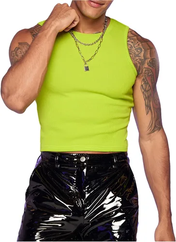 Vista 3 de GORGLITTER Camiseta corta sin mangas de neón para hombre, de moda, ajustada