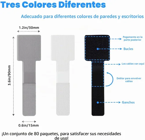 Vista 3 de 80 bridas para cables de gancho y bucle, correas de cable de gancho y bucle, gestión de cables debajo del escritorio, clips adhesivos para cables