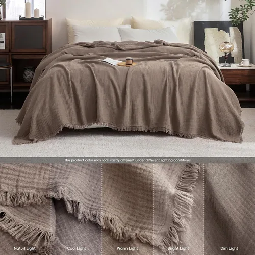 Vista 49 de FOSSA Manta de Muselina con Flecos - Gasa de Algodón 100% de 4 Capas Súper Suave y Transpirable - Manta Decorativa Ligera y Refrescante para Cama