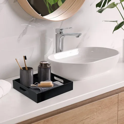 Vista 2 de Bandeja de acrílico para servir con asas, mesa auxiliar negra de 10 pulgadas, tocador Organizador decorativo elegante y duradero para comer