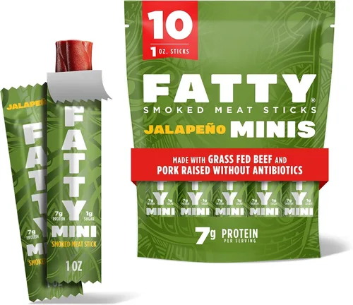 Vista 8 de FATTY Mini palitos de carne cecina, Jalapeño Minis, 1 oz. Tamaño de 0.27 oz de proteína por palo; hecho con carne de res alimentada con pasto, cerdo