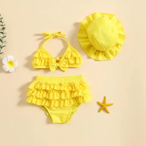 Vista 2 de Yccutest Traje de baño de flores para bebé, 3 piezas, parte superior triangular, parte inferior con volantes, sombrero para el sol, conjunto