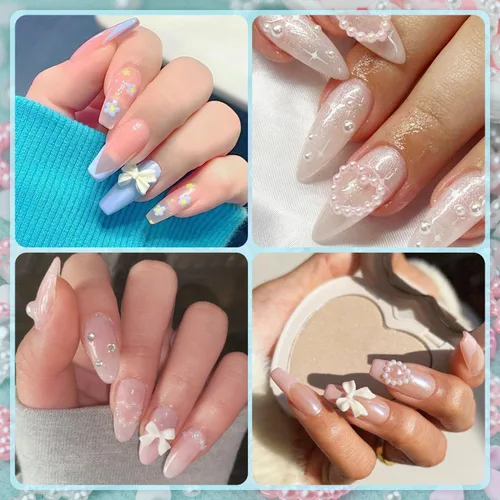 Vista 5 de 1200 piezas de dijes de uñas 3D con formas múltiples y perlas de base plana, estilos mixtos blanco y rosa, corazones, estrellas, lazos, girasoles