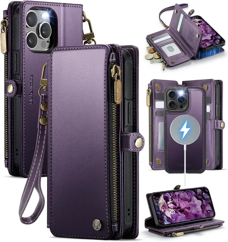 Vista 17 de Defencase Funda magnética para iPhone 13 Pro compatible con Magsafe con bloqueo RFID, correa de cremallera y tarjetero para mujer, funda de piel