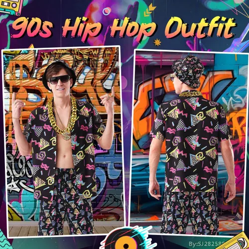 Vista 3 de WILDPARTY Traje de los años 80 y 90 para hombre, disfraz de hip hop, blusa con botones, blusa de discoteca retro, traje de fiesta temática hawaiana