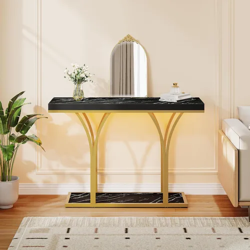 Vista 4 de YITAHOME Mesa consola dorada con luces LED, mesa de entrada, moderna y estrecha mesa auxiliar para sofá lateral con parte superior de mármol