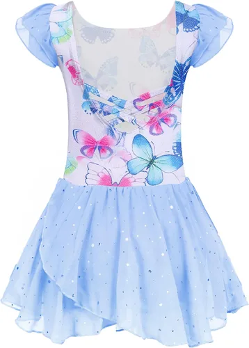 Vista 36 de Arshiner - Vestido de baile de ballet con mangas con volantes, leotardo de tutú con ruedo para niñas Lila