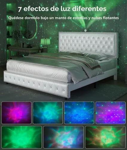 Vista 3 de Base de cama de plataforma tapizada tamaño Queen con cabecera LED, proyector de estrellas integrado y cabecera ajustable, no necesita somier, fácil