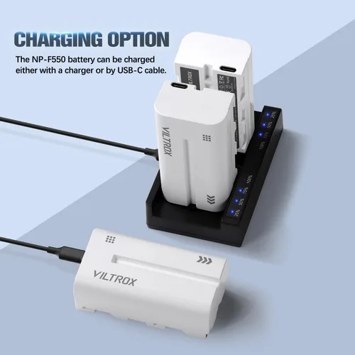 Vista 3 de VILTROX Batería de iones de litio NP-F550, 1 paquete (2200 mAh), repuesto para Sony NP-F550 F570 F750 F770 F950 F960 F970, compatible con luz LED
