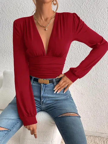Vista 7 de SweatyRocks Enterizo de manga larga con cuello en V profundo para mujer