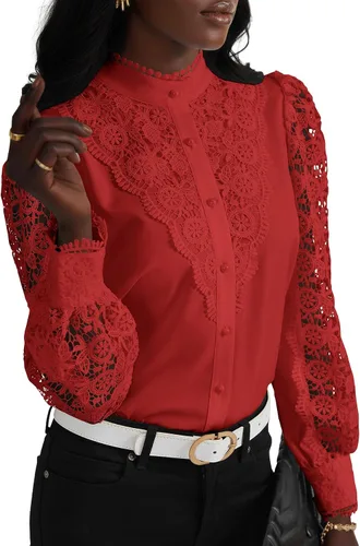 Vista 10 de Rooscier Blusa Elegante de Encaje de Crochet con Cuello Alto Simulado de Manga Larga con Botones para Mujer Top