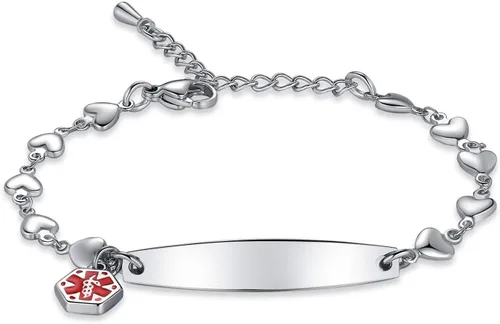 Vista 25 de mnmoom Pulseras de alerta médica para mujeres 6.5-8 pulgadas ajustables corazón links pulseras médicas con grabado