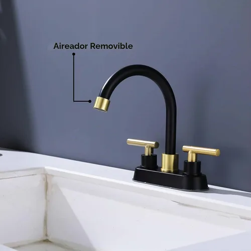 Vista 3 de Grifo de baño negro y dorado, juego central de 2 manijas de 4