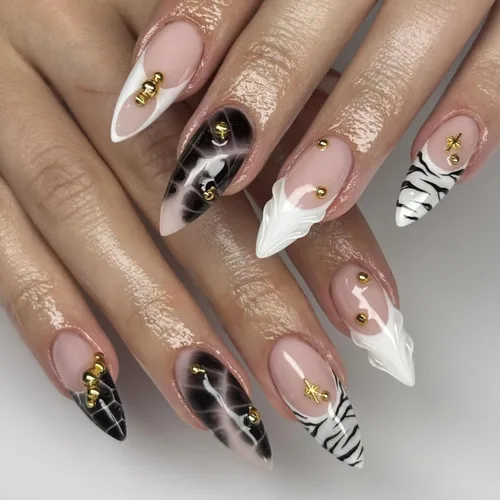 Vista 39 de Uñas postizas largas a presión, color negro, diseño francés y floral, 24