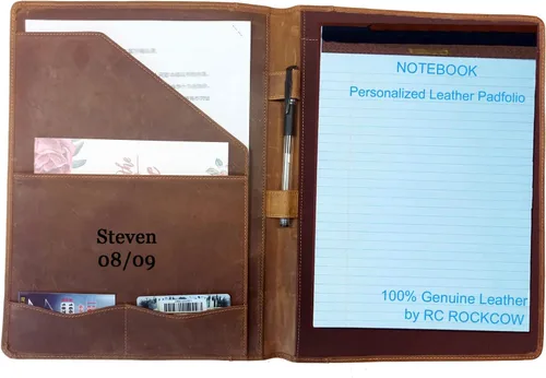 Vista 4 de Cartera de cuero para hombres y mujeres, padfolio personalizado, carpeta de currículum de cuero genuino, soporte para bloc de cartas, organizador