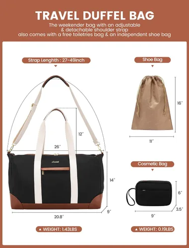 Vista 4 de LOVEVOOK Bolsa de viaje para mujer, bolsas de fin de semana, Negro -, Casual
