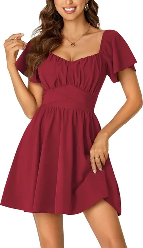Vista 13 de Rooscier Minivestido acampanado de manga corta con volantes, cuello cuadrado, envolvente y espalda anudada para mujer