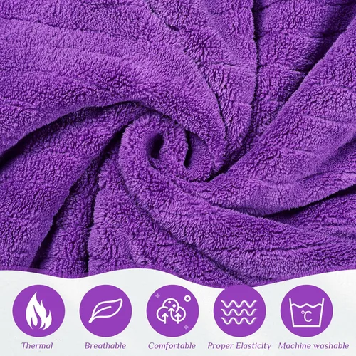 Vista 3 de 4 toallas de spa para mujer, bata de spa con cierre ajustable, parte superior elástica, envolturas ligeras para baño y ducha (morado, rayas)