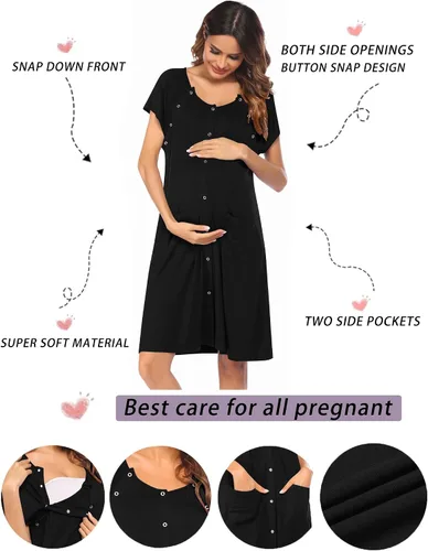 Vista 2 de Ekouaer - Vestido de maternidad 3 en 1 para trabajo de parto/hospital, camisón de lactancia, ropa de dormir para amamantar con botones S-XXL A-Negro