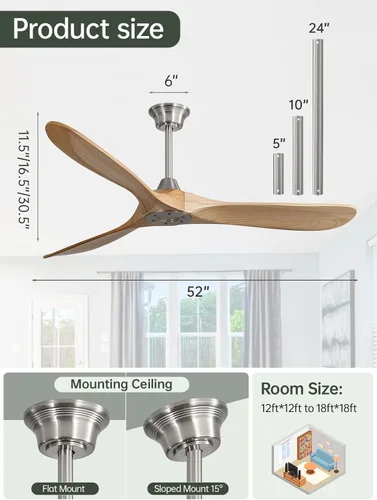 Vista 4 de Sofucor Ventiladores de techo de 60 pulgadas sin luz, ventilador de techo para exteriores con control remoto, motor CC reversible de 3 cuchillas