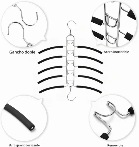 Vista 6 de Nature Smile Paquete de 4 perchas antideslizantes 5 en 1, perchas de metal mágicas que ahorran espacio, perchero de ropa de armario de varias capas