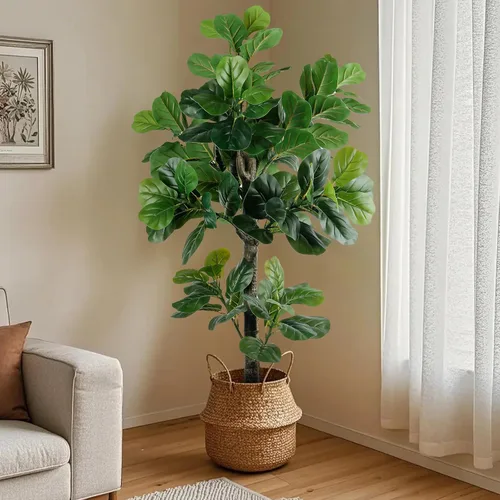 Vista 2 de Árbol de higuera artificial de hoja de violín de 5 pies de alto, planta de higuera falsa para interiores, planta de ficus iyrata falsa que incluye