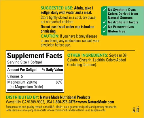 Vista 7 de Nature Made Magnesio 250 mg, suplementos de magnesio para hombres y mujeres, apoyo para la salud muscular, cardíaca, ósea y nerviosa, 90 cápsulas