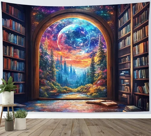 Vista 19 de LB Tapiz de cielo nocturno y océano, tapiz de luna llena sobre el agua, tapiz para colgar en la pared, tapiz de fantasía mágica de acuarela 3D, arte