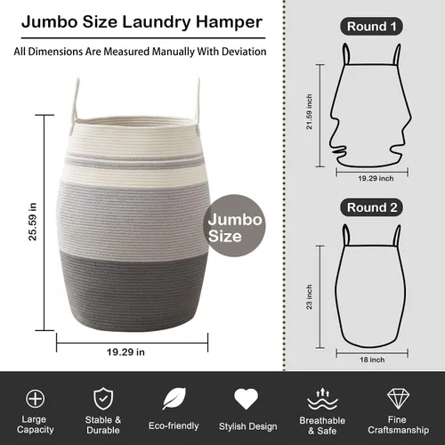 Vista 4 de OIAHOMY Cesta de lavandería tejida de cuerda, tamaño grande, con asas extendidas para ropa y juguetes, cesta alta de 25.6 pulgadas, plegable