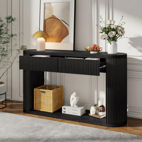 Vista 13 de Moderna mesa consola de 62.2 pulgadas, mesa de sofá con 4 cajones y 2 estantes, adecuada para entrada, pasillo, sala de estar, dormitorio
