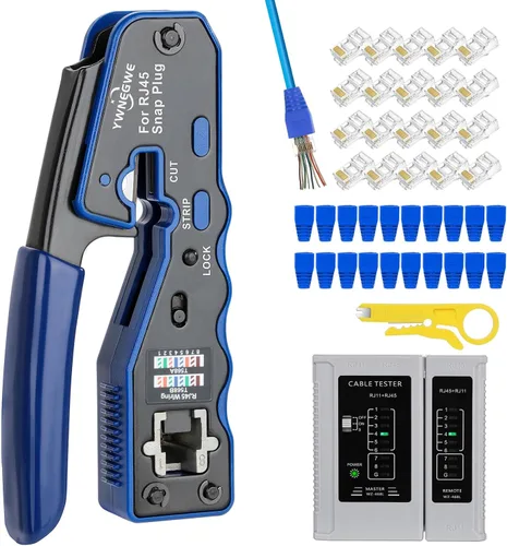Vista 9 de Kit de Herramientas de Crimpado RJ45 Pass Through Crimpadora Ethernet para Enchufes Modulares Cat5e Cat6 Cat6a 8P8C, Herramienta de Crimpado Cat6