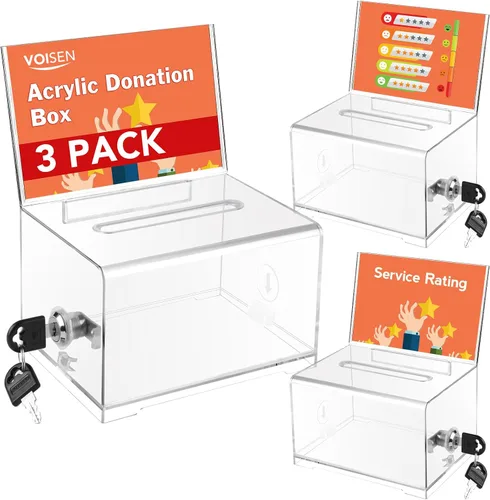 Vista 7 de VOISEN Caja de donación de acrílico con cerradura, frasco con punta negra y soporte para letrero, caja de sugerencias para recaudación de fondos