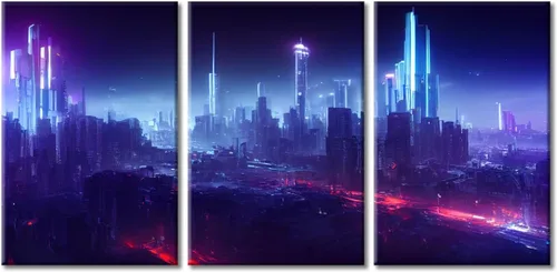 Vista 58 de Cuadros de 3 paneles de Cyberpunk City - Arte de pared de vallas publicitarias de edificios modernos en la capital con obras de arte modernas