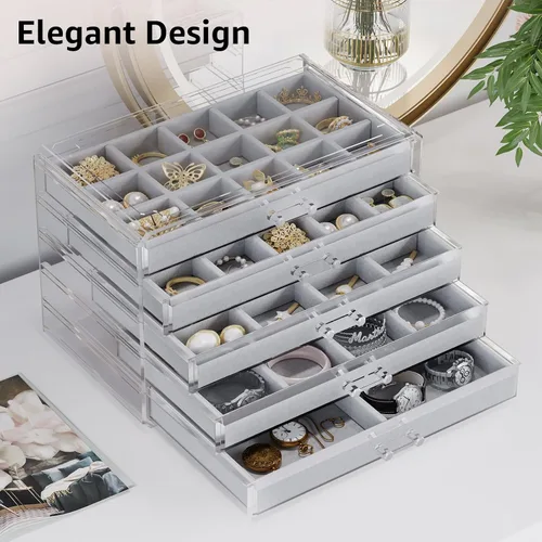 Vista 7 de Harmon Wandyer Organizador de joyas de acrílico con 5 cajones, organizador de almacenamiento de aretes transparente para mujeres y niñas, gris