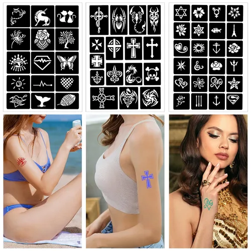 Vista 6 de Qpout Plantillas de tatuaje para niños y adultos, kit de plantillas de tatuaje de henna, diseño de plantillas de tatuaje pequeñas y grandes