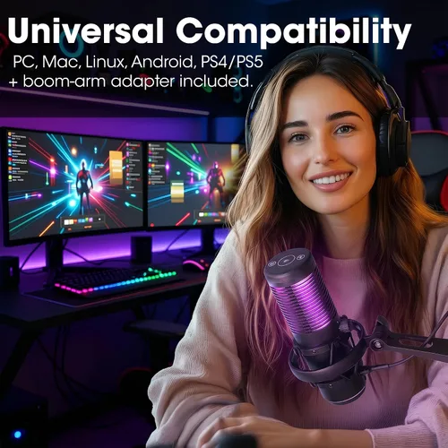 Vista 11 de MANHATTAN Micrófono USB RGB para juegos, micrófono condensador con cancelación de ruido para PC, PS4, PS5 y Mac, soporte de choque antivibración