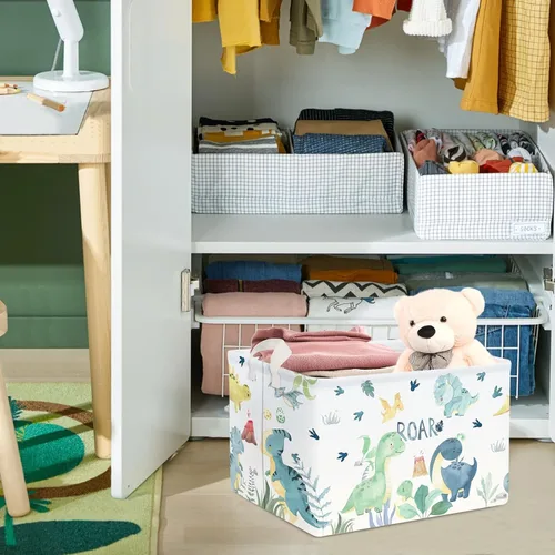 Vista 2 de Clastyle Adorable acuarela verde dinosaurio estante cesta volcán hoja de palma plegable cubo de almacenamiento rectangular ropa libros juguetes cubo