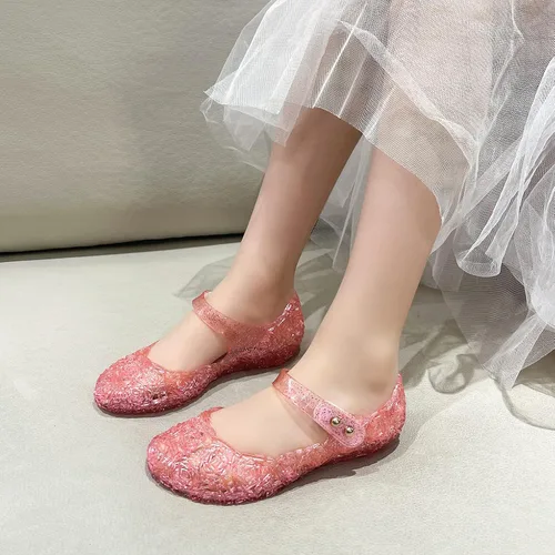 Vista 2 de Zapatos de gelatina para niñas, sandalias de cumpleaños de princesa Snow Queen para niñas pequeñas, sandalias azules con purpurina talla 9