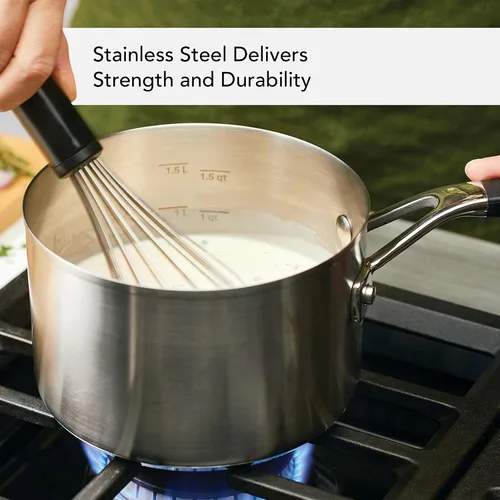 Vista 6 de KitchenAid - Sartén de acero inoxidable de inducción con tapa, olla de 2 cuartos de galón Brushed Stainless Steel, 2qt Saucepan with Lid, Small