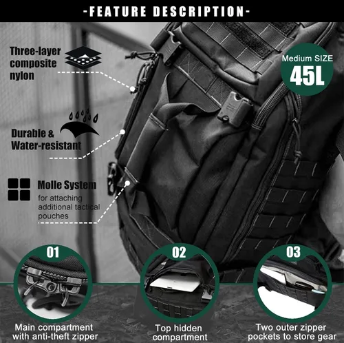 Vista 2 de WolfWarriorX Bolsa de viaje para hombre, mochila militar grande, bolsa de fin de semana, Negro