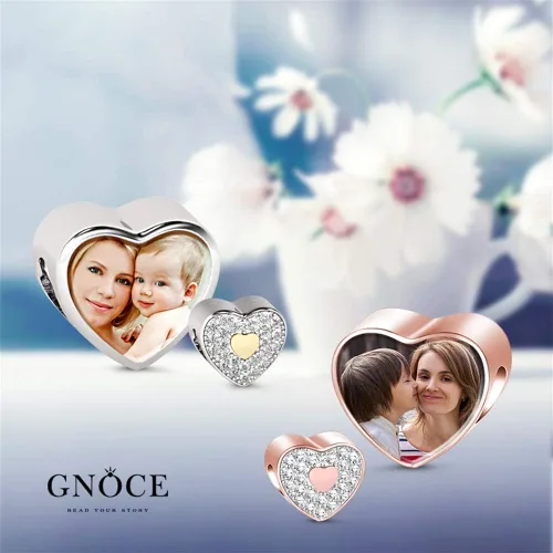 Vista 6 de GNOCE Custom Photo Charms Bead Heart Shaped Sterling Silver Personalized Charm With Cz fit Bracelet Necklace For Women Family Memorial Girls