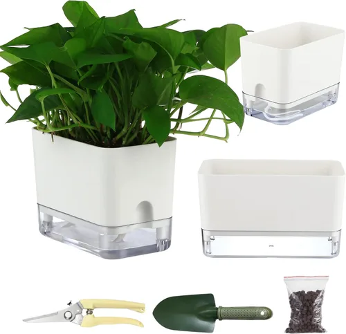 Vista 14 de Planterhoma Macetas de riego automático para plantas de interior de 4.3 pulgadas, 6 paquetes de macetas cuadradas de riego automático con orificio